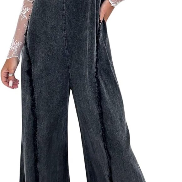 Denim Overalls for Women Casual Adjustable Straps Wide Leg Raw Hem Jeans Bib Ove - Picture 1 of 3